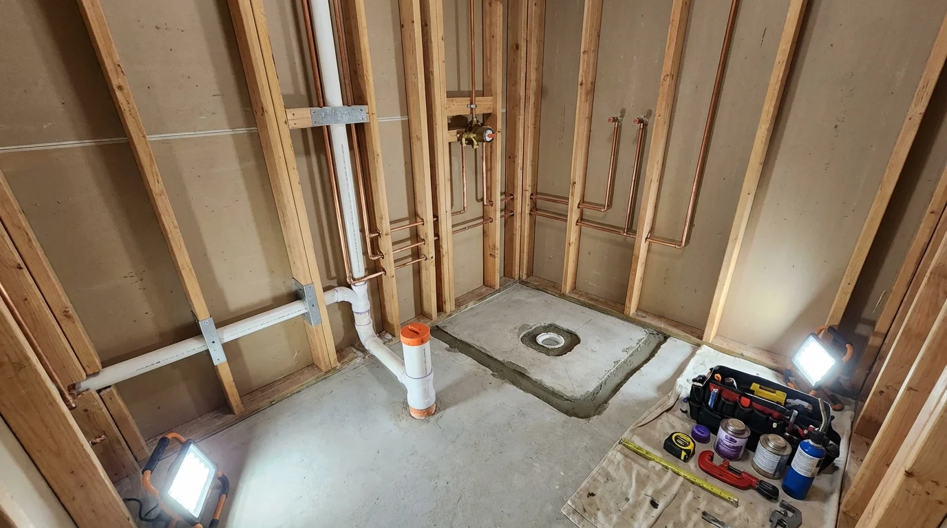 Bathroom rough-in plumbing during remodel by Johns Plumbing LLC in Kinston