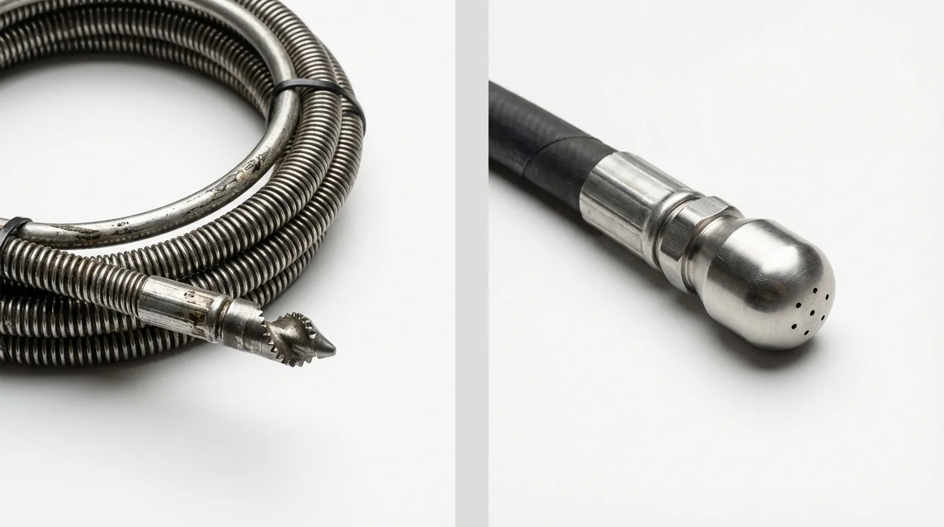 Drain snake cable and hydro jetting nozzle used for drain cleaning in Kinston, NC