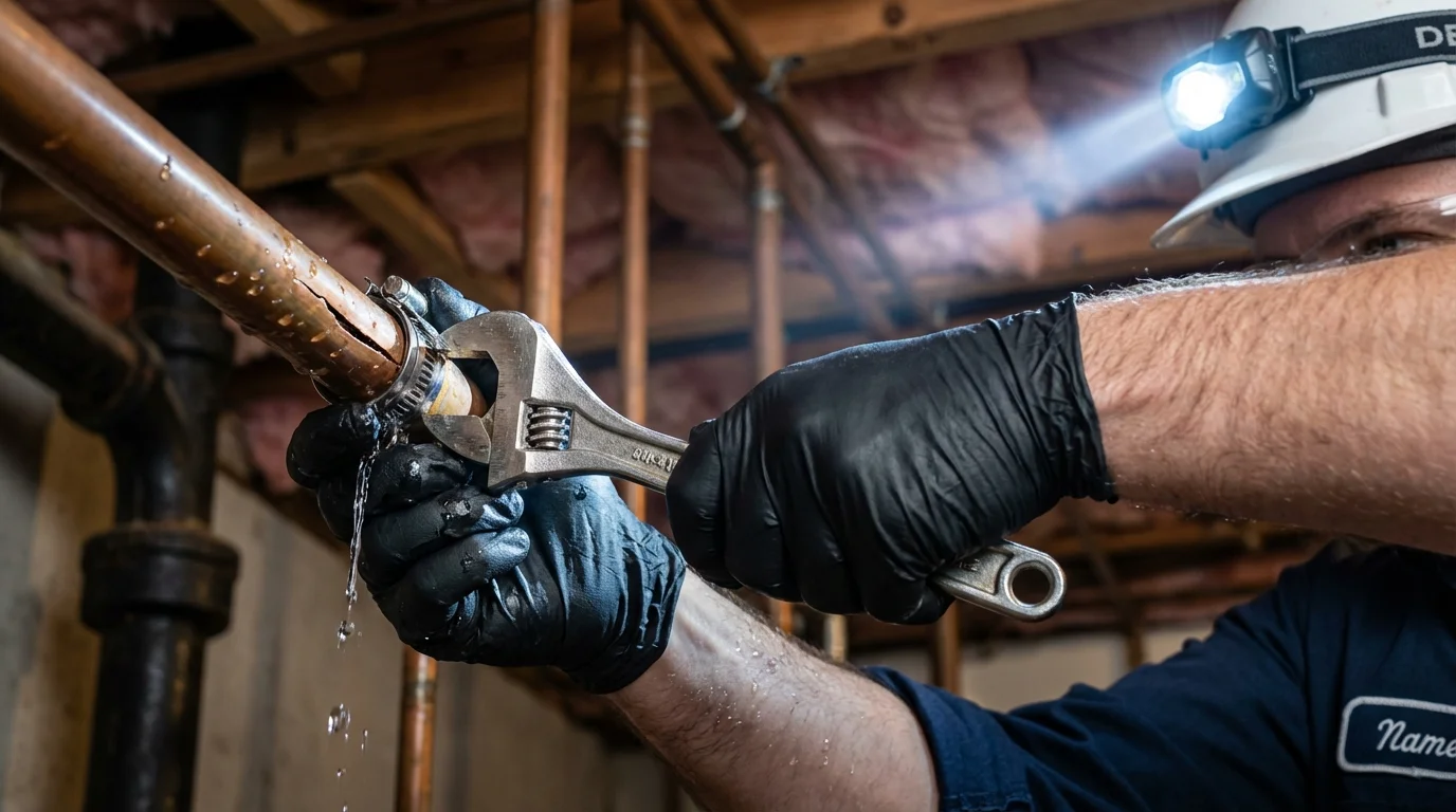 Emergency pipe clamp repair being performed by a Johns Plumbing LLC plumber in Kinston