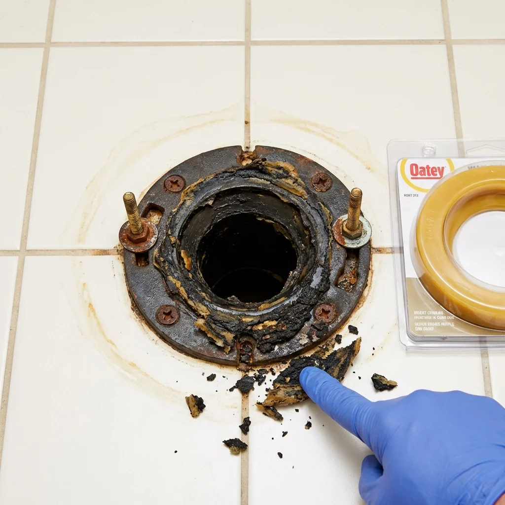 Failed wax ring showing water seepage at the base of a toilet in a Kinston, NC home