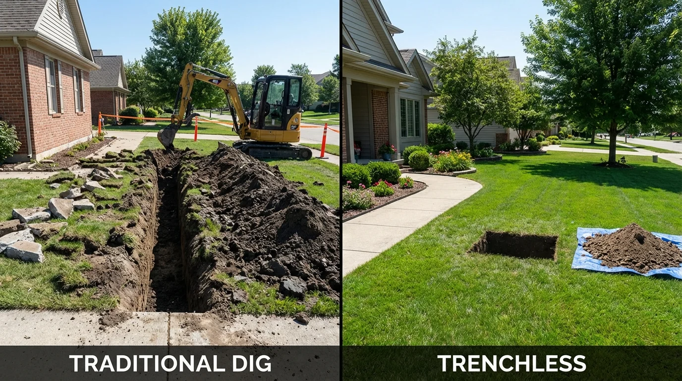 Trenchless sewer repair with minimal yard damage versus traditional excavation in Kinston, NC