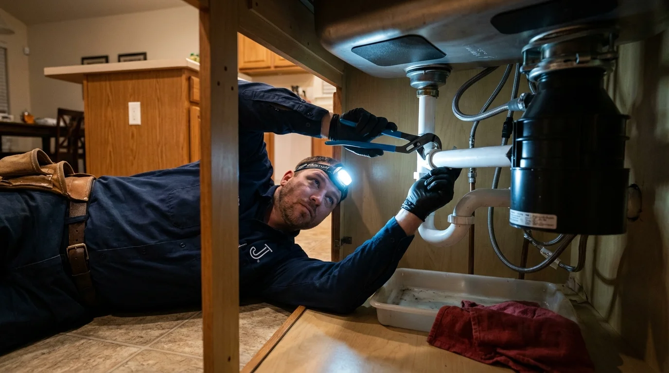P-trap and supply line connections under a kitchen sink showing a common leak point in Kinston, NC